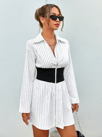 Women's Striped And Floral Zipper Dress