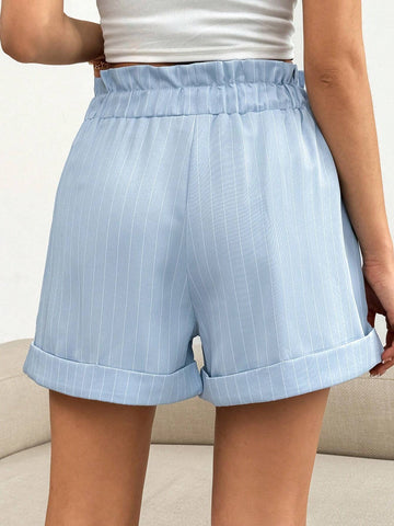 Essnce Women's Striped Buttoned Loose Shorts With Curled Hems And Ruffled Waist