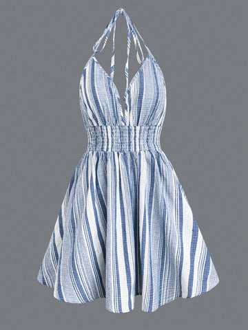 Women's Striped Halterneck Belted Dress