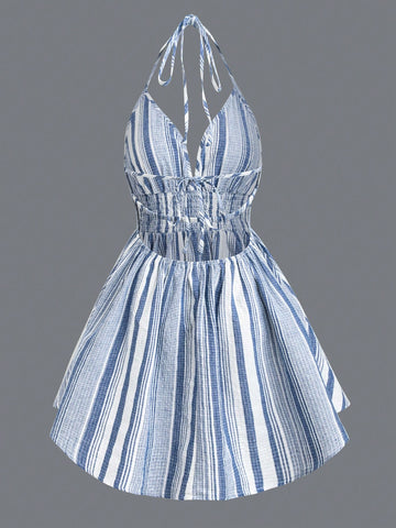 Women's Striped Halterneck Belted Dress