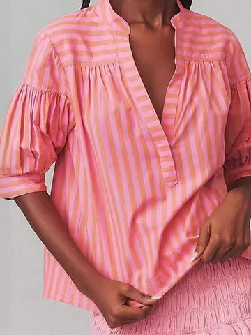 Essnce Women's Striped Mid-Length Short Sleeve Shirt