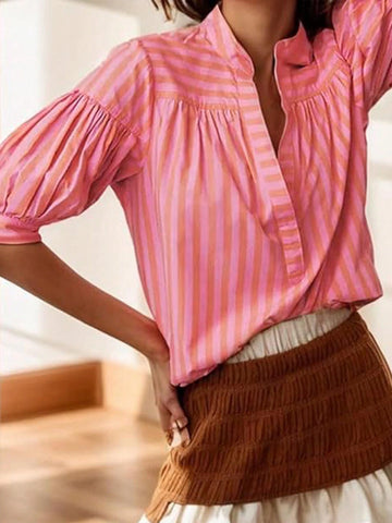 Essnce Women's Striped Mid-Length Short Sleeve Shirt