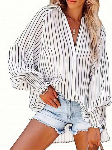 Essnce Women's Striped & Printed Tie Front Simple Daily Long Sleeve Shirt