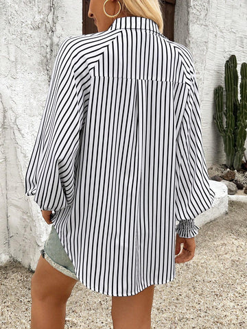 Essnce Women's Striped & Printed Tie Front Simple Daily Long Sleeve Shirt
