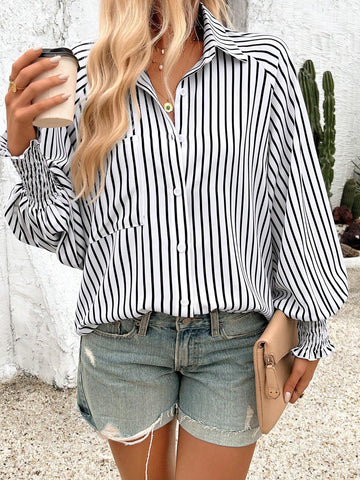 Essnce Women's Striped & Printed Tie Front Simple Daily Long Sleeve Shirt