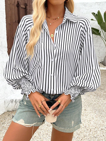 Essnce Women's Striped & Printed Tie Front Simple Daily Long Sleeve Shirt