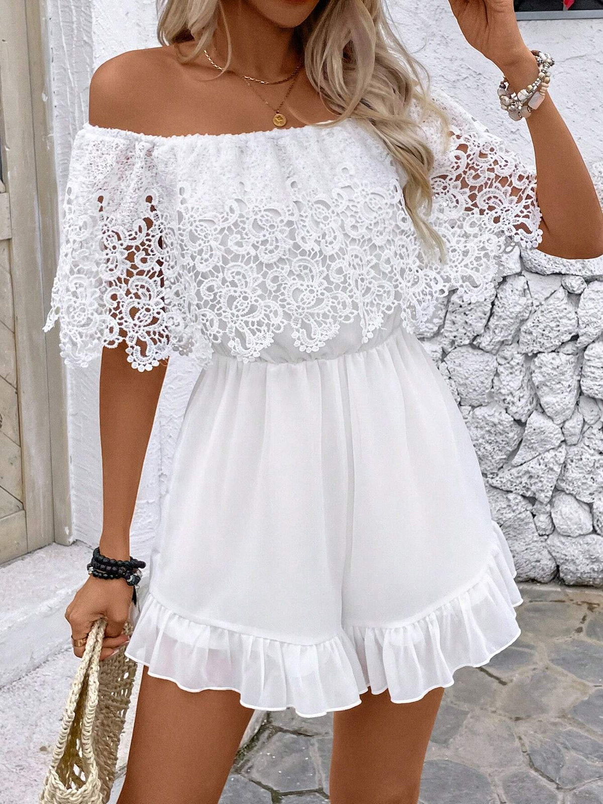 Women's Stylish Sweet White Lace Off-The-Shoulder Jumpsuit