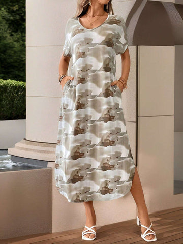 Women's Summer Beauty Stripe Print 336-65 Abstract Bat Sleeve Curved Hem Casual Long Dress