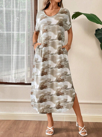 Women's Summer Beauty Stripe Print 336-65 Abstract Bat Sleeve Curved Hem Casual Long Dress