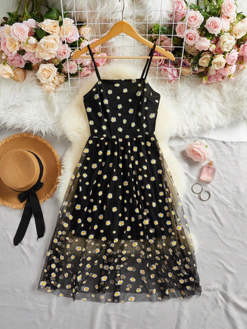 Women's Summer Black Daisy Embroidery Mesh Sleeveless Midi Dress, Fashionable And Versatile