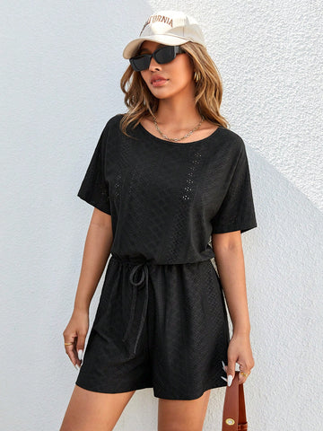 Women's Summer Black Elastic Waist Knitted Round Neck Casual Romper