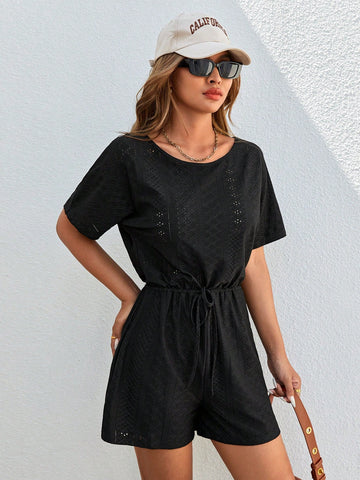 Women's Summer Black Elastic Waist Knitted Round Neck Casual Romper