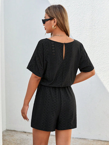 Women's Summer Black Elastic Waist Knitted Round Neck Casual Romper