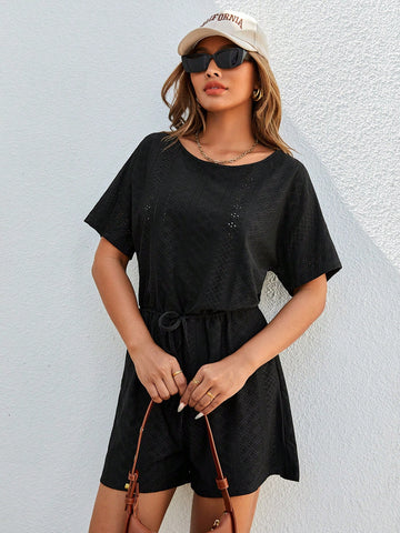 Women's Summer Black Elastic Waist Knitted Round Neck Casual Romper