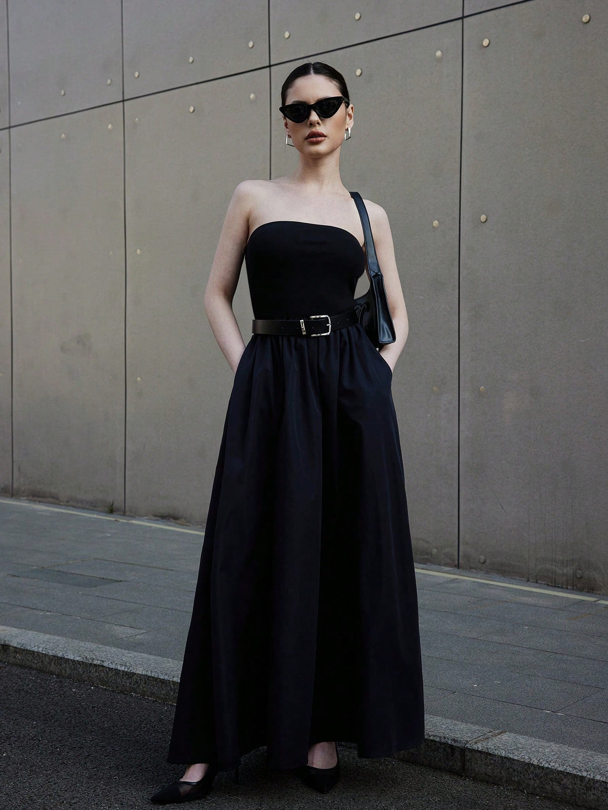 Women's Summer Black Top-Tight And Bottom-Wide Knitted Splicing Woven Casual Dress With Side Pockets