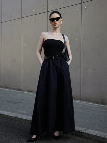 Women's Summer Black Top-Tight And Bottom-Wide Knitted Splicing Woven Casual Dress With Side Pockets