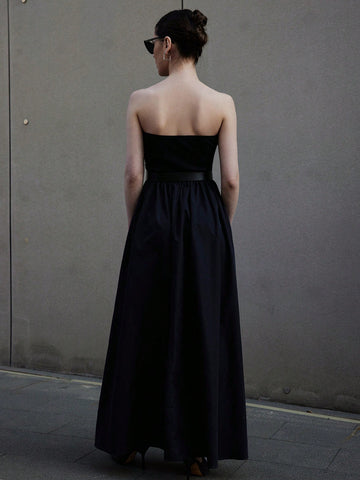 Women's Summer Black Top-Tight And Bottom-Wide Knitted Splicing Woven Casual Dress With Side Pockets