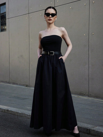 Women's Summer Black Top-Tight And Bottom-Wide Knitted Splicing Woven Casual Dress With Side Pockets