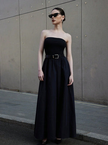 Women's Summer Black Top-Tight And Bottom-Wide Knitted Splicing Woven Casual Dress With Side Pockets