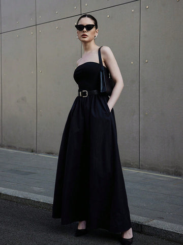Women's Summer Black Top-Tight And Bottom-Wide Knitted Splicing Woven Casual Dress With Side Pockets