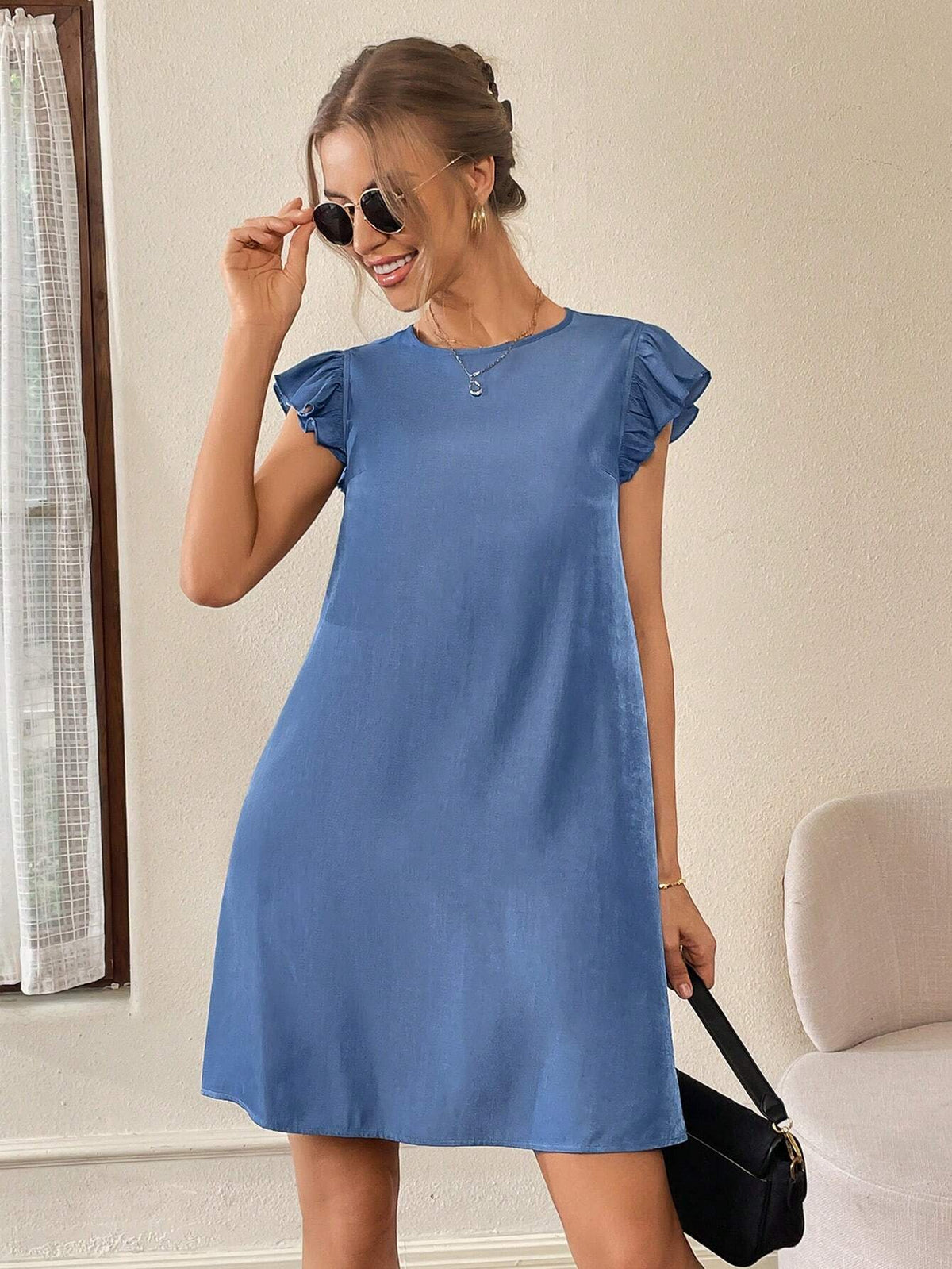 Women's Summer Blue Imitation Denim Woven Casual Ruffle Dress
