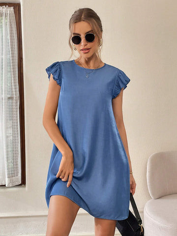 Women's Summer Blue Imitation Denim Woven Casual Ruffle Dress