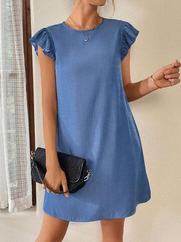 Women's Summer Blue Imitation Denim Woven Casual Ruffle Dress
