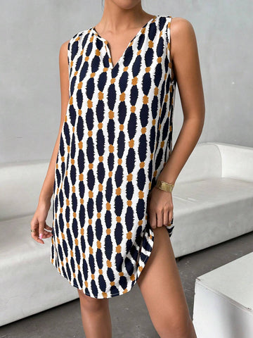 Women's Summer Casual All-Over Printed Small V-Neck Sleeveless Dress Women Skirts Casual