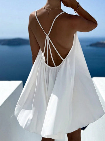 Women's Summer Casual Beach Vacation Sexy White Backless Wide Straps Casual Mini Dress