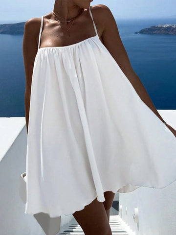 Women's Summer Casual Beach Vacation Sexy White Backless Wide Straps Casual Mini Dress