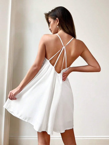 Women's Summer Casual Beach Vacation Sexy White Backless Wide Straps Casual Mini Dress