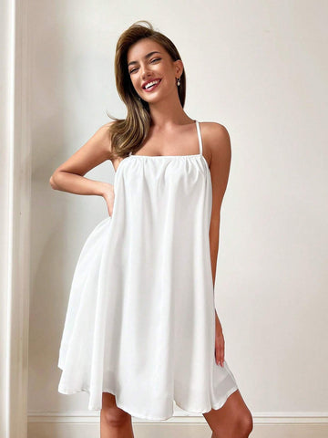 Women's Summer Casual Beach Vacation Sexy White Backless Wide Straps Casual Mini Dress