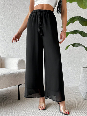 Essnce Women's Summer Casual Boho Solid Color Belted High Waist Chiffon Split Wide-Leg Pants With Ela