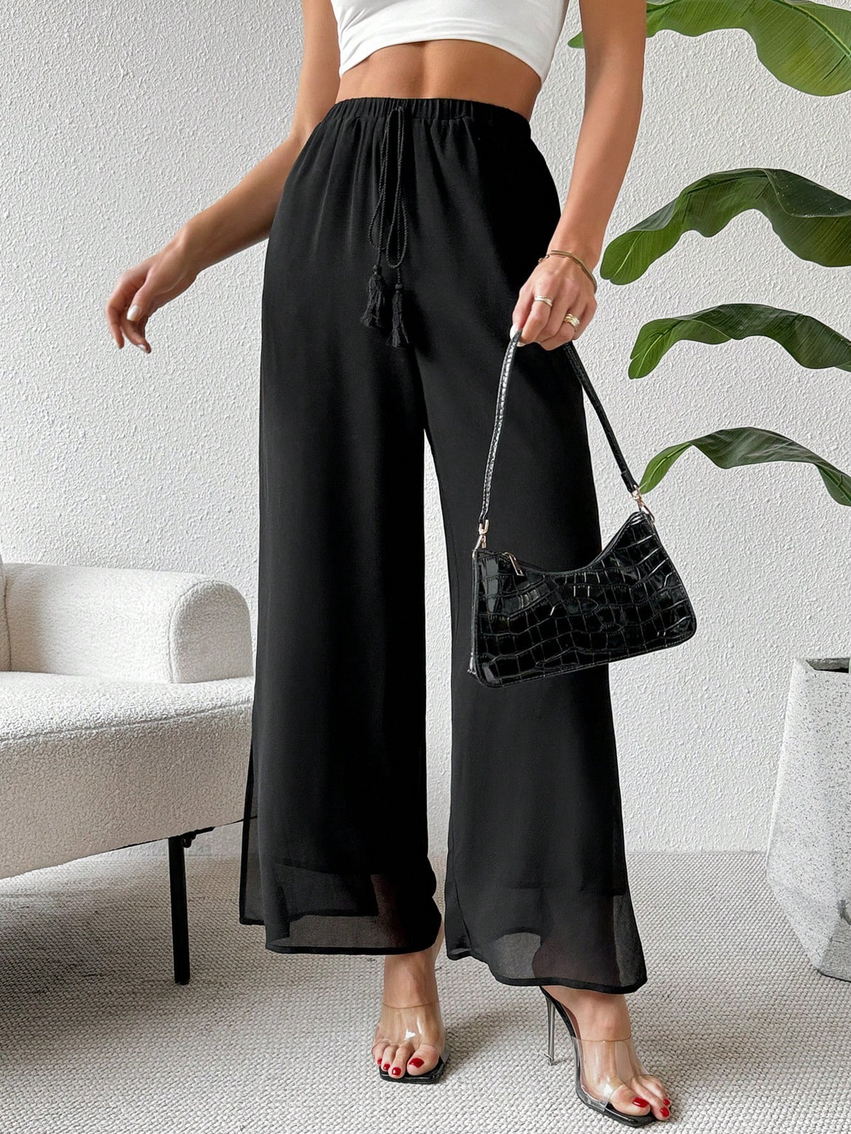 Essnce Women's Summer Casual Boho Solid Color Belted High Waist Chiffon Split Wide-Leg Pants With Ela