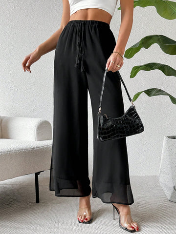 Essnce Women's Summer Casual Boho Solid Color Belted High Waist Chiffon Split Wide-Leg Pants With Ela