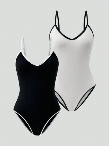Women's Summer Casual Colorblock Cami Bodysuit With Slim Straps