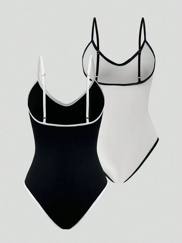 Women's Summer Casual Colorblock Cami Bodysuit With Slim Straps