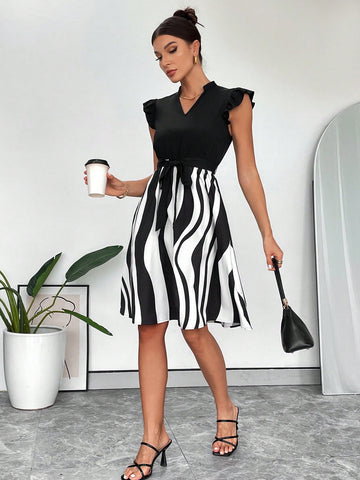 Women's Summer Casual Commuting Color-Block Striped Notched Neckline Short Flying Sleeve Midi D