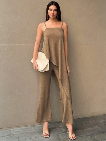 Women's Summer Casual Khaki Asymmetrical Hem Cami Top Pants Knitting Suit For Music Festival