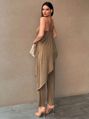 Women's Summer Casual Khaki Asymmetrical Hem Cami Top Pants Knitting Suit For Music Festival