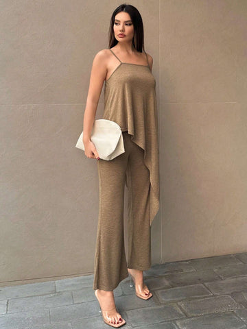 Women's Summer Casual Khaki Asymmetrical Hem Cami Top Pants Knitting Suit For Music Festival