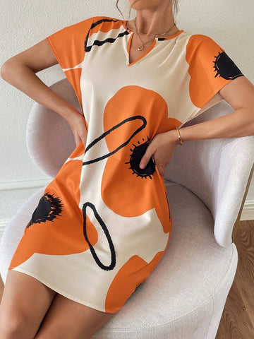 Women's Summer Casual Orange Floral Print V-Neck Short Sleeve Slit Dress Summer Dress Yellow