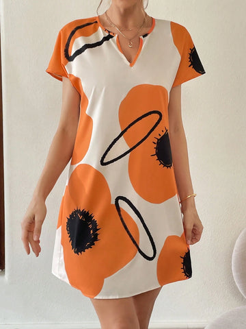 Women's Summer Casual Orange Floral Print V-Neck Short Sleeve Slit Dress Summer Dress Yellow