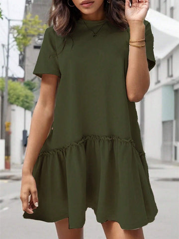 Women's Summer Casual Round Neck Short Sleeve Dress With Ruffle Hem