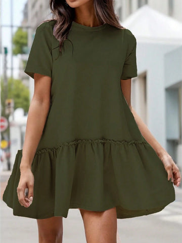 Women's Summer Casual Round Neck Short Sleeve Dress With Ruffle Hem