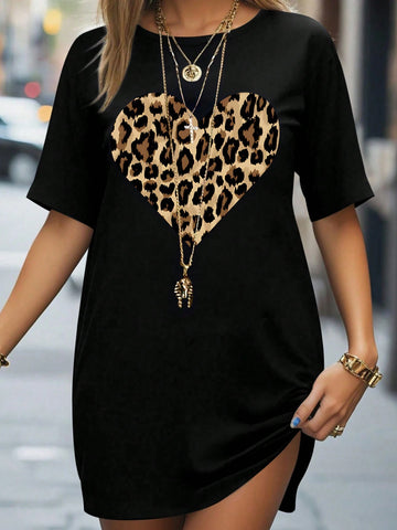 Essnce Women's Summer Casual Short Sleeve Round Neck Leopard Print T-Shirt