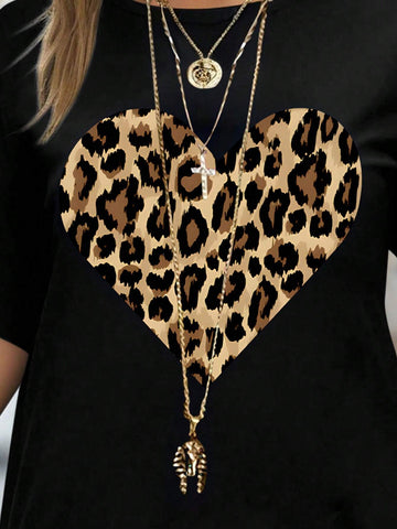 Essnce Women's Summer Casual Short Sleeve Round Neck Leopard Print T-Shirt