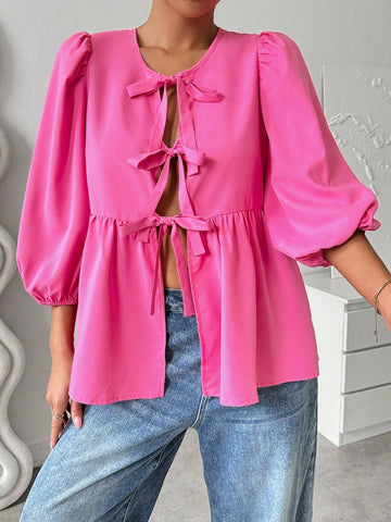 Essnce Women's Summer Casual Solid Color Strap Bowknot Puff Sleeve A-Line Shirt