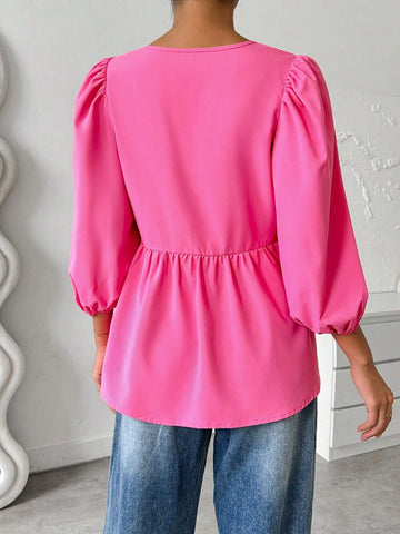 Essnce Women's Summer Casual Solid Color Strap Bowknot Puff Sleeve A-Line Shirt