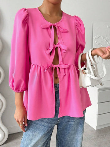 Essnce Women's Summer Casual Solid Color Strap Bowknot Puff Sleeve A-Line Shirt